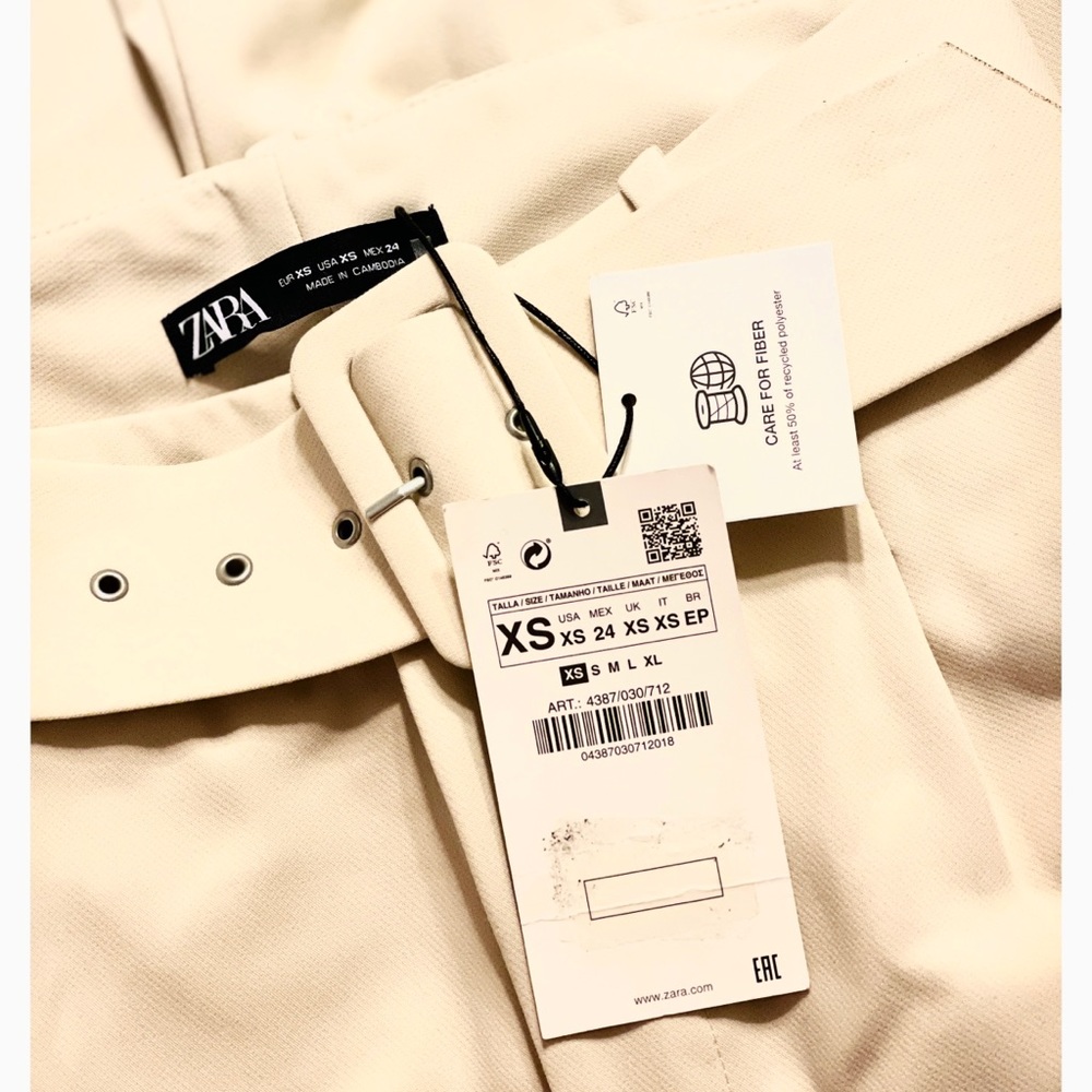 ZARA Beige Belted High Waist Tapered Trouser Pants - Picture 7 of 9